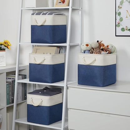Temary Fabric Storage Cubes 11x11 Cube Storage Bins 4Pack Blue Basket for Organizing Home, Closet, Empty Gift Baskets with Handles (White&Blue)