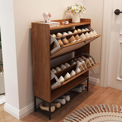 AVZEAR Narrow Shoe Storage Cabinet for Entryway with 2 Flip Drawers, Freestanding Shoe Cabinet with Natural Linen Panel, Slim Wood Shoe Organizer Closed Shoe Rack for Hallway, Foyer(Walnut)