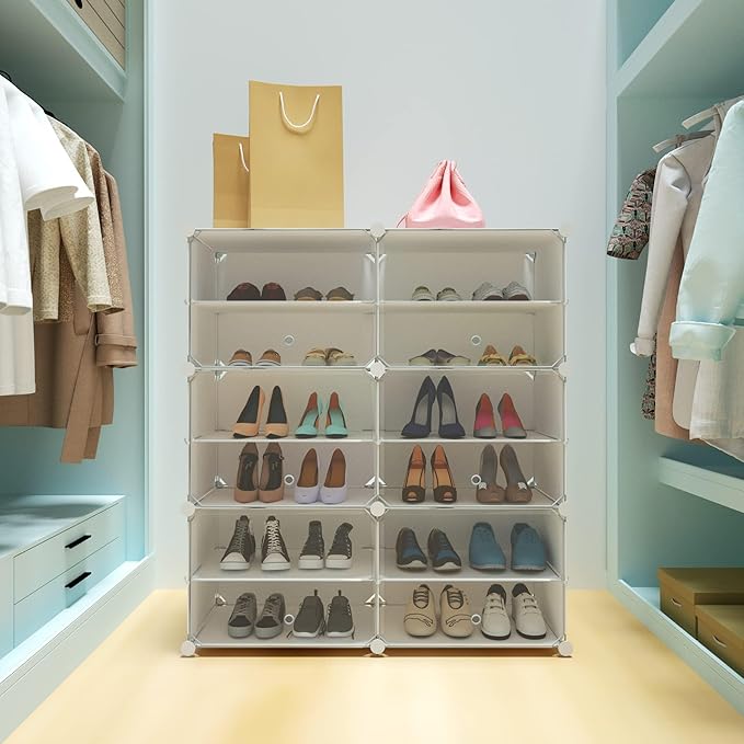 Shoe Rack Organizer, 24 Pair Shoe Storage Cabinet with Door Expandable Plastic Shoe Shelves for Closet,Entryway,Hallway,Bedroom,6 Tier