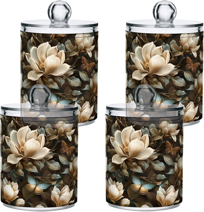 4 Pack Magnolia Flowers Apothecary Jars with Lid, Qtip Holder Storage Containers for Cotton Ball, Swabs, Pads, Clear Plastic Canisters for Bathroom Vanity Organization (10 Oz)