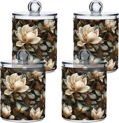 4 Pack Magnolia Flowers Apothecary Jars with Lid, Qtip Holder Storage Containers for Cotton Ball, Swabs, Pads, Clear Plastic Canisters for Bathroom Vanity Organization (10 Oz)
