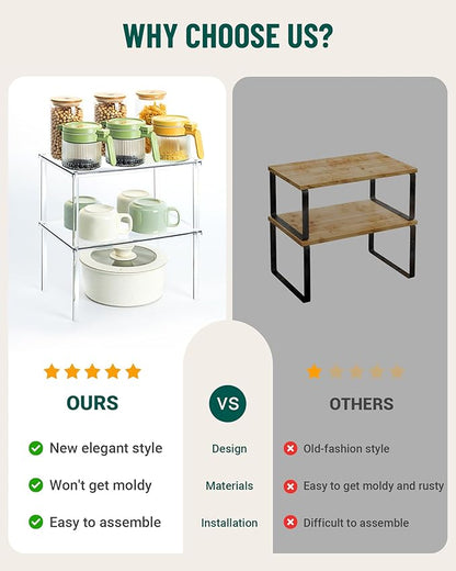 Bobomoment Acrylic Cabinet Organizer, Set of 2 Shelf Organizer, Spice Rack Organizer for Cabinet, Desk Countertop Organizer, Stackable Shelves for Pantry Kitchen Storage and Organization