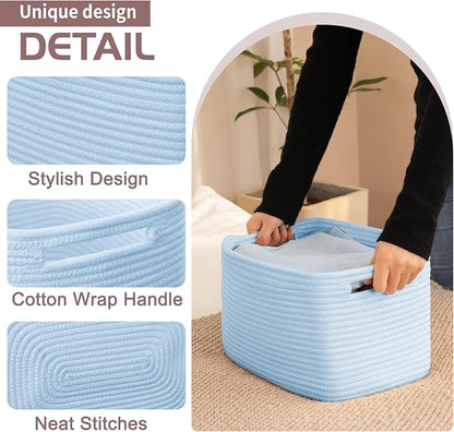 OIAHOMY 4 Pack Storage Baskets for Organizing, Cube Storage Bins for Shelves, Rectangle Storage Baskets With Handles, Woven Baskets for Storage, 12.7''Lx9''Wx7.8''H, Light Blue
