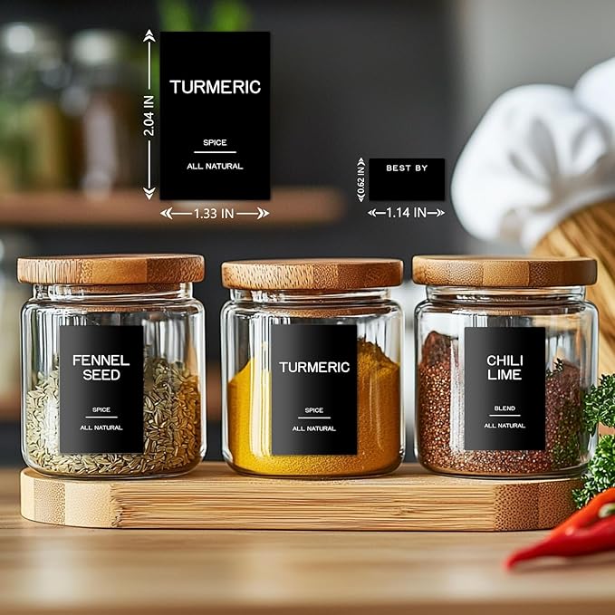 201 Spice Jar Labels - Black Preprinted Minimalist Waterproof Stickers for Kitchen Jars, Herb & Seasoning Labels for Pantry Organization