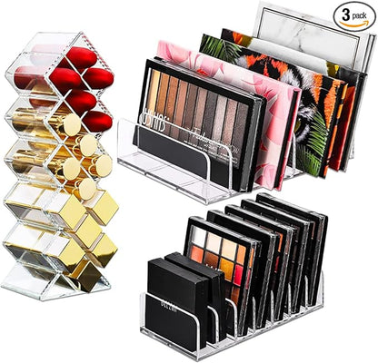 3Pcs Eyeshadow Palette Organizer, 7 Section Makeup Palette Organizer, 2 Acrylic Palette Organizer with 1 Lipstick Holder, Clear Palettes Storage Holder for Cosmetics Blush, Bathroom Vanity