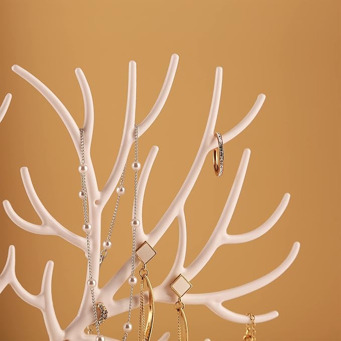 MORE&LESS Antlers Jewelry Display Stand with Aluminium alloy handle, Tree Tower Rack Hanging Organizer for Ring Earrings Necklace Bracelet, Deer Horn Tree Stand with Storage Drawer and Tray