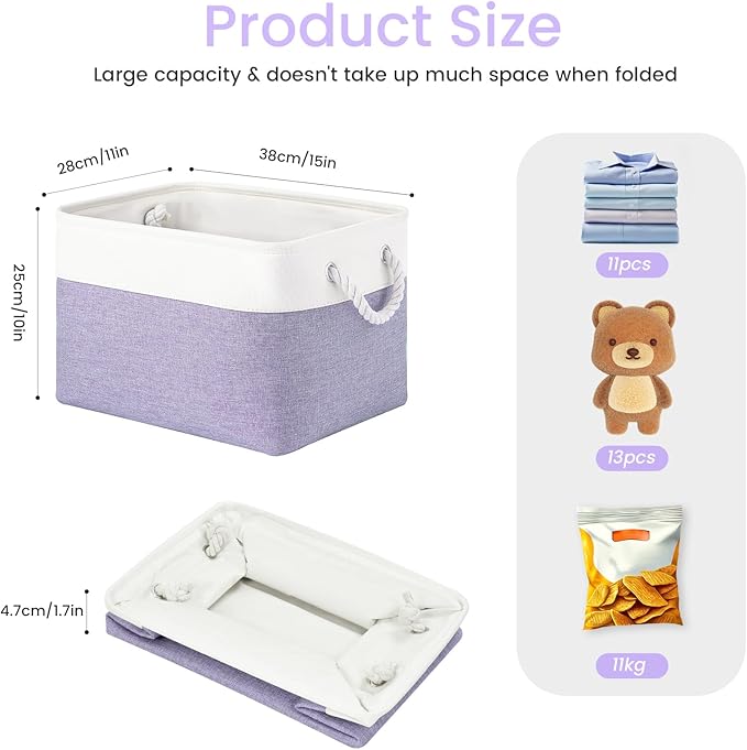 Large Storage Baskets- 15x11x10 inch Storage Bins for Shelves and Closet Organizing, Foldable Fabric Bin for Home Organization Clothes and Laundry (3-Pack, White&Purple)