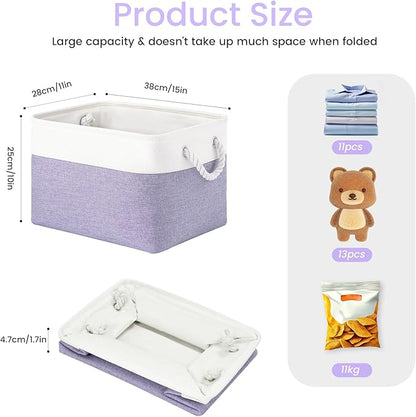 Large Storage Baskets- 15x11x10 inch Storage Bins for Shelves and Closet Organizing, Foldable Fabric Bin for Home Organization Clothes and Laundry (3-Pack, White&Purple)