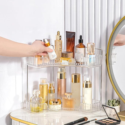 Corner Bathroom Counter Organizer, Vanity Trays for Bathroom, Skincare Makeup Organizer Shelf, Shelf Cosmetics, Toiletries, Lotions, Perfumes (2 Tiers, Clear)