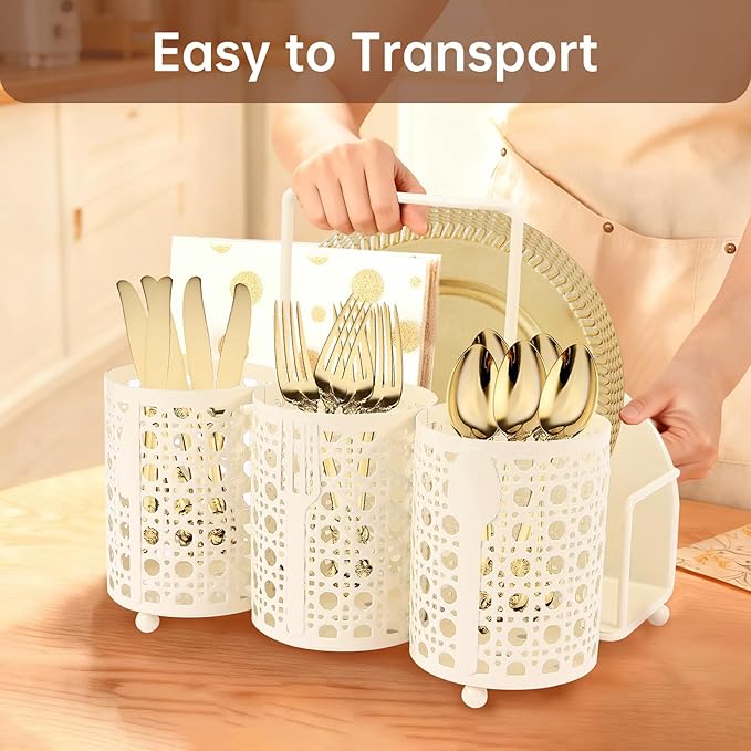 NelyBet Utensil Caddy Silverware Holder Fork Spoon Napkin Paper Plate Organizer Metal Utensil Holder Cutlery Flatware Organizers for Party Kitchen Countertop Camping Picnic - Cream Mesh