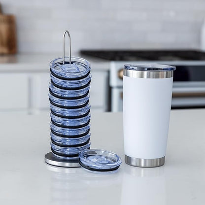 Tumbler Lid Organizer for Cabinet & Countertop - Slim Space-Saving Lid Holder with 9" Sturdy Bar & Weighted, Non-Slip Base - Vertical Storage Cup Lid Organizer - Collapsible Lid Rack for 10 Lids