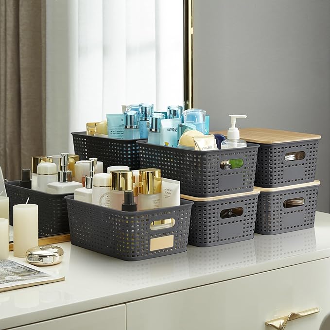 Bagnizer Small Plastic Storage Bins with Bamboo Lids 5.2qt Stackable Box Basket Pantry Decorative Containers Cute with Lable for Organizing Desktop Closet Office Gray of 6 packs 10 * 7.2 * 4.1"