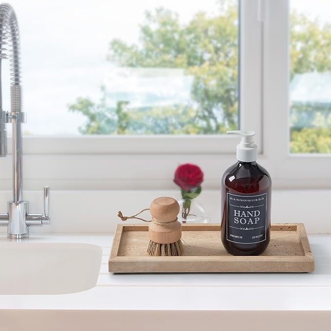 Natural Travertine Vanity Tray, Luxury Stone Organizer for Bathroom & Kitchen Counter | Holds Soap Dispenser, Jewelry, Perfume | Non-Resin, Non-Ceramic Décor