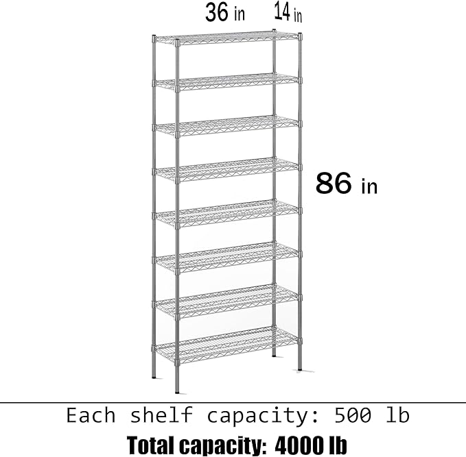 14" Deep x 36" Wide x 86" Height Wire Shelving Kit | 8-Tier |NSF Commercial Storage Rack Unit