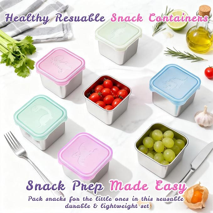 Tanjiae 6-Pack Small (6 oz) Stainless Steel Snack Containers for Kids, Easy-Open Toddler Snack Containers with Lids - Cute Dinosaur Small Stackable Metal Snack Box for Daycare, School, Travel