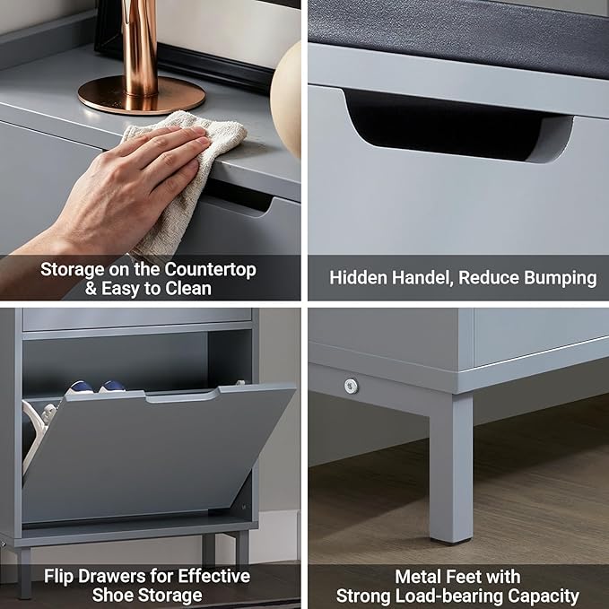 Haotian Slim Shoe Cabinet Entryway, Hidden Shoe Storage with Three Flip Drawers to Save Space, Freestanding Shoe Rack for Front Door, Entryway, Hallway Grey