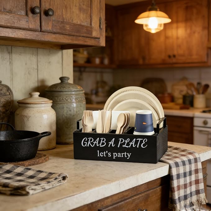 Paper Plate Holder, Utensil Caddy Organizer, Wood Paper Plate Dispenser, Silverware Caddy Holder, and Disposable Coffee Bar Accessories Box for Kitchen Counter, Party, Camping, Picnic (6 compartment)