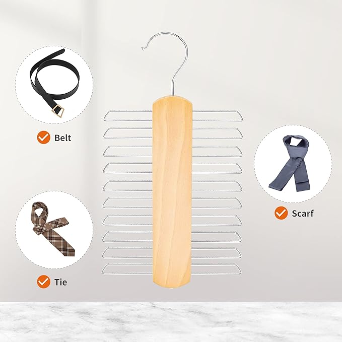 Amazon Basics 20 Bar Wooden Tie Hanger & Belt Rack, Closet Organizer, Natural, 2-Pack