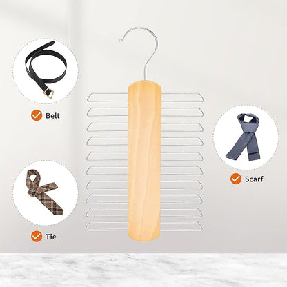 Amazon Basics 20 Bar Wooden Tie Hanger & Belt Rack, Closet Organizer, Natural, 2-Pack