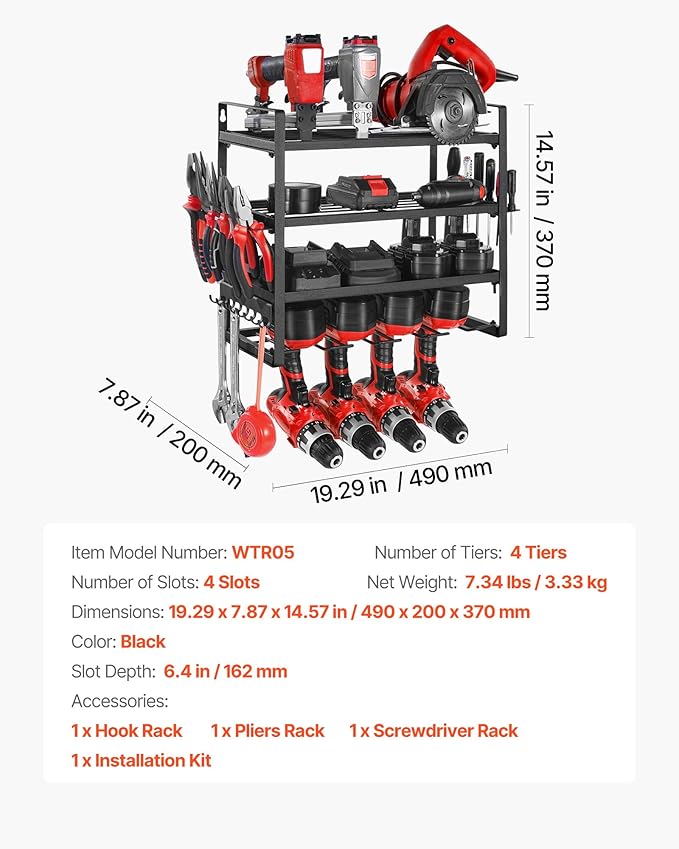 VEVOR Power Tool Organizer Wall Mount, 4-Layer Storage Rack with 4 Drill Holders, Tools Holder and Storage Rack with Screwdriver Holder, Garage Tool Organizer for Garage, Workbench, and Workshop