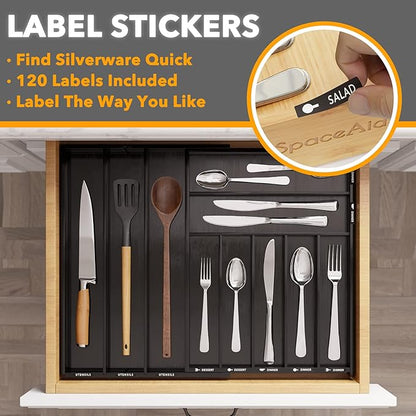 SpaceAid Bamboo Silverware Drawer Organizer with Labels, Kitchen Utensil Expandable Tray Holder Organizer for Flatware, Cutlery, Spoon and Knives Drawer Storage Organization (Black, 10 Slots)