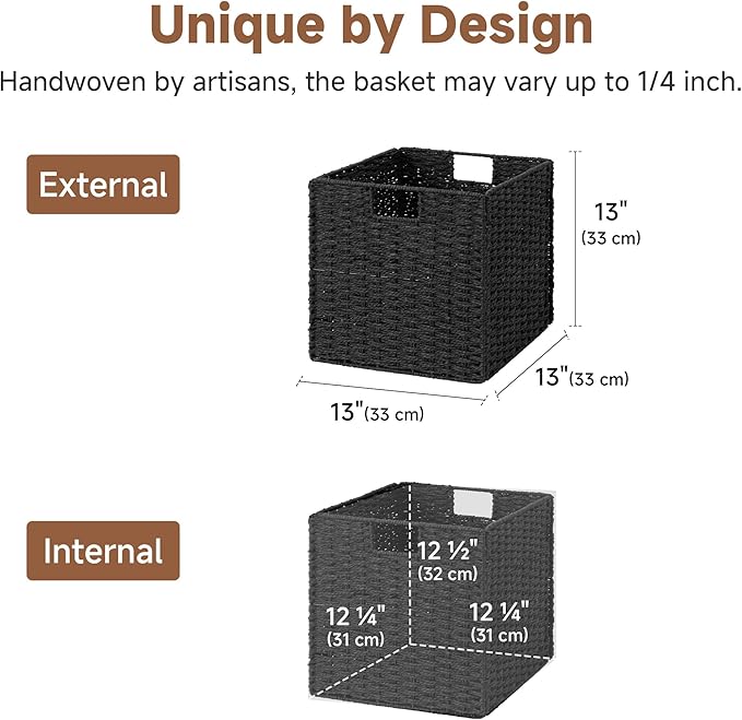 StorageWorks 13 inch Wicker Storage Baskets, Handwoven Wicker Basket for Organizing, Foldable Square Storage Cubes, Black, Paper Rope, 2 Pack