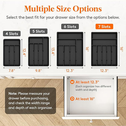 Lifewit Silverware Drawer Organizer Tray, Plastic Cutlery Storage for Kitchen, Flatware and Utensil Holder Divider for Spoons Forks Knives Tableware, 12.3 x 16", 7 Slots, Black