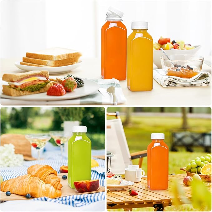 Plastic Juice Bottles with Caps 6 pcs - 12oz Reusable Juice Containers with Tamper Proof Lids White - Clear Juicing Bottles for Juicing Milk Smoothie Drinking and Other Beverages Christmas Gifts