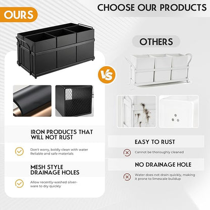 Utensil Holder Mesh Drainage Holes, 4pcs Bins Set Countertop Utensil Holder for Plate, Spoons, Forks and Knives, Cutlery Organizer Suitable for Party, Kitchen Countere, Balck
