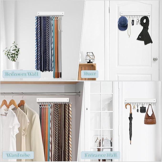 Tie Rack Belt Hanger Wall Mounted, Lomrsiul Non Slip 180 Degree Rotating Tie Organizer for Men Closet with 18 Hooks Closet Organizers and Storage for Tie Belt Necklace Purse Scarf Bag White 1 Pack