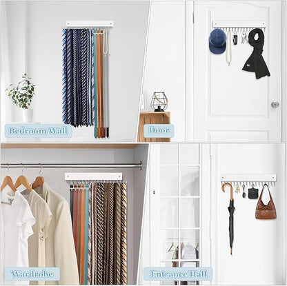 Tie Rack Belt Hanger Wall Mounted, Lomrsiul Non Slip 180 Degree Rotating Tie Organizer for Men Closet with 18 Hooks Closet Organizers and Storage for Tie Belt Necklace Purse Scarf Bag White 2 Pack