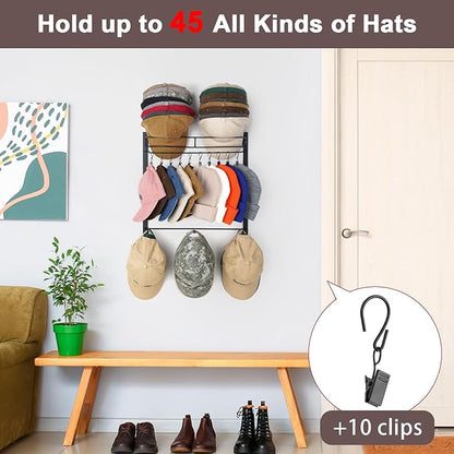 Hat Rack for 45 Baseball Caps with 10 Clips 3 Tier Hat Organizer for Wall Multi-functional Hat Hanger Metal Hat Holder at Closet Bedroom Entryway Gift for Men Boy Teen