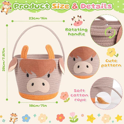Small Woven Storage Basket with Handle, Cute Cartoon Cow Baskets for Gift Empty, Cotton Rope Storage Basket for Toy Organizer