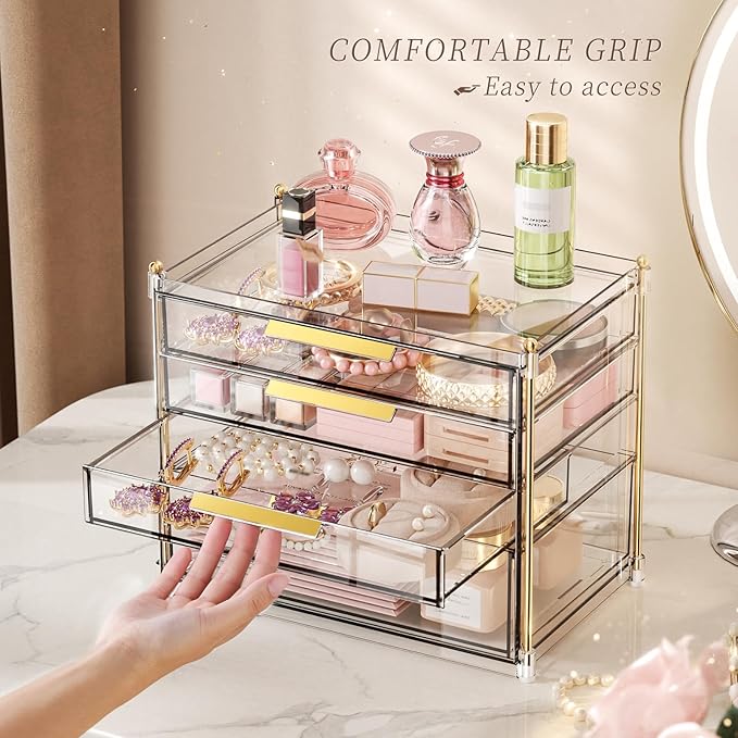 Aveniee 4 Drawers Makeup Organizer- Bathroom Counter Organizers and Storage, Plastic Bins Versatile Perfume Vanity Desk Organization for Cosmetic, Skincare, Face Mask, Jewelry, Clear