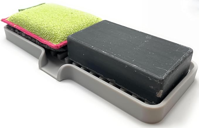 Silicone Soap Dish Tray and Sponge Holder with Drain Chute, Rectangular, Kitchen and Bathroom Sink Organizer (Light Grey, 9"x3.5")