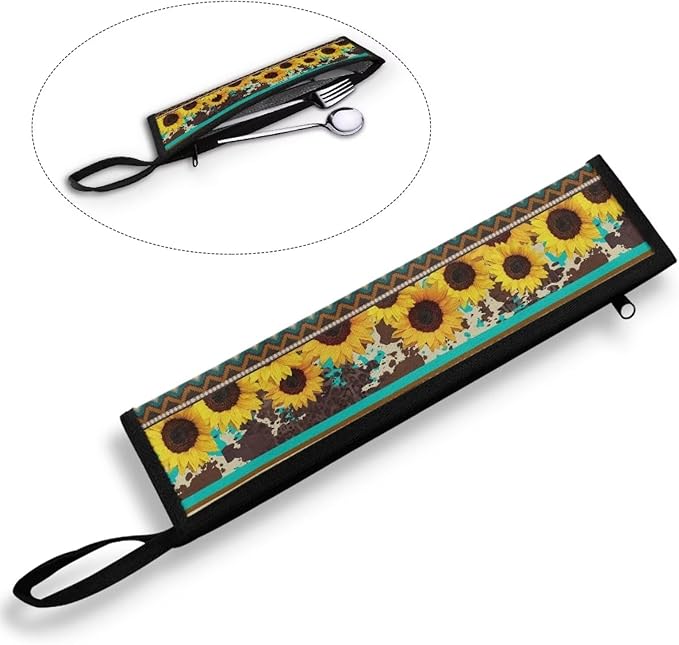Sunflower Portable Tableware Bag Cutlery Holder Bags Silicone Waterproof Storage Case for Spoons Flatware Home Travel Bag 11.8 Inch Chopsticks Pouch Case