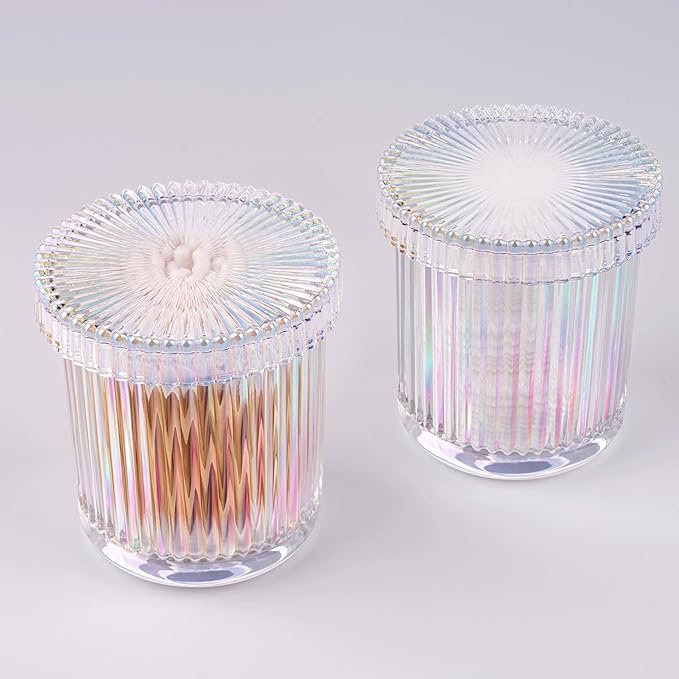2 Pack Glass Qtip Holder Dispenser Set - Bathroom Organizer for Cotton Swabs, Balls, Pads, Floss Picks - Clear Apothecary Jars for Vanity, Makeup Storage, Bathroom Accessories Decor (Iridescent)