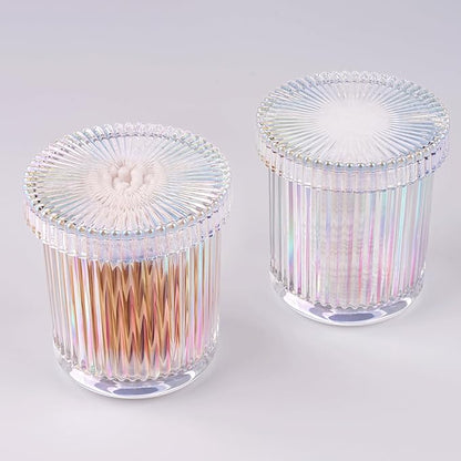 2 Pack Glass Qtip Holder Dispenser Set - Bathroom Organizer for Cotton Swabs, Balls, Pads, Floss Picks - Clear Apothecary Jars for Vanity, Makeup Storage, Bathroom Accessories Decor (Iridescent)