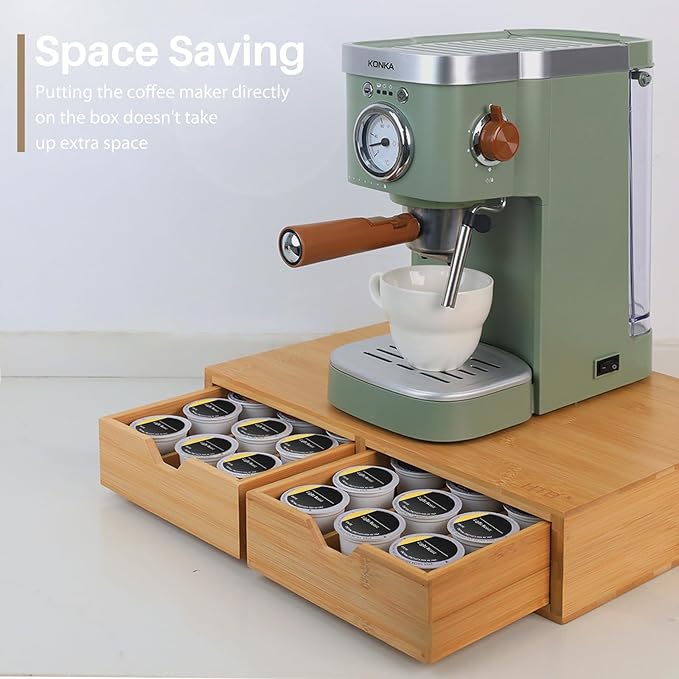 HTB K Cup Coffee Pod Holder, Drawer Type K Cup Organizer Storage, Compatible with K-Cup Pods, Space-Saving Coffee Capsule Drawer- Bamboo Double Drawer Holds Up 30 Cups