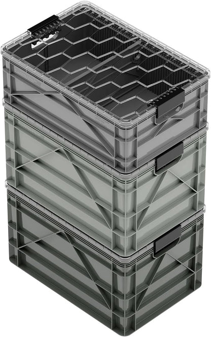 SIDIO CRATE Starter Pack - Two Full Size and One Half Size Heavy Duty Stackable Storage Bins with Lids & Dividers - Durable Organizer for Home, Office, Garage, and Outdoor Use - Stealth Variety Pack