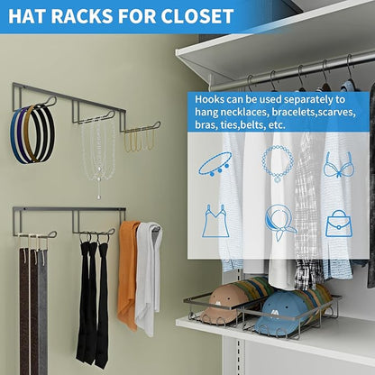 2 Packs Wall Hat Organizers with Multiple Hooks, Metal Hat Racks for Baseball Caps, Hat Storage Holders Up to 72 Caps for Closet, Entryway,Black