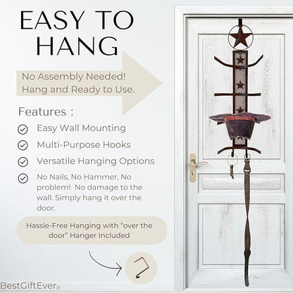 BestGiftEver Metal Star 4 Cowboy Hat Rack Fold-Up Wall Hanging Decoration Rustic Western Style - Rustic Metal Cowboy Hat Display Organizer on Wall Mount