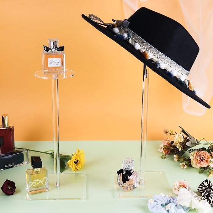 Acrylic Hat Stand and Wig Display Rack, 2pcs 17" Clear Hat Stands for Display, Adjustable Height Hat Holder, Square Barbell Base Display, Hat Rack Stand for Display Jewelry Watch Helmets