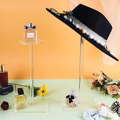 Acrylic Hat Stand and Wig Display Rack, 2pcs 17" Clear Hat Stands for Display, Adjustable Height Hat Holder, Square Barbell Base Display, Hat Rack Stand for Display Jewelry Watch Helmets