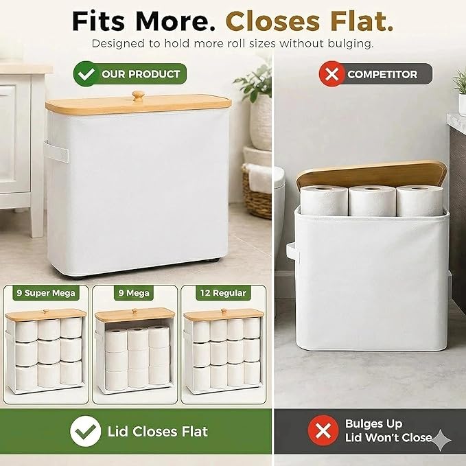 Premium Waterproof Toilet Paper Storage Box with Bamboo Lid - Fits 9 Mega Rolls, 900D Heavy-Duty Fabric Bathroom Organizer Bin with Elevated Base & Handles for Narrow Spaces (17.3"x 6.9"x 15.5")