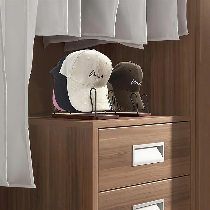 UdoUto Hat Organizer -2 PacK | Wood & Metal Hat Rack Holds 14 Caps | Space-Saving Closet Shelf Organizer for Bedroom, Dresser, Entryway