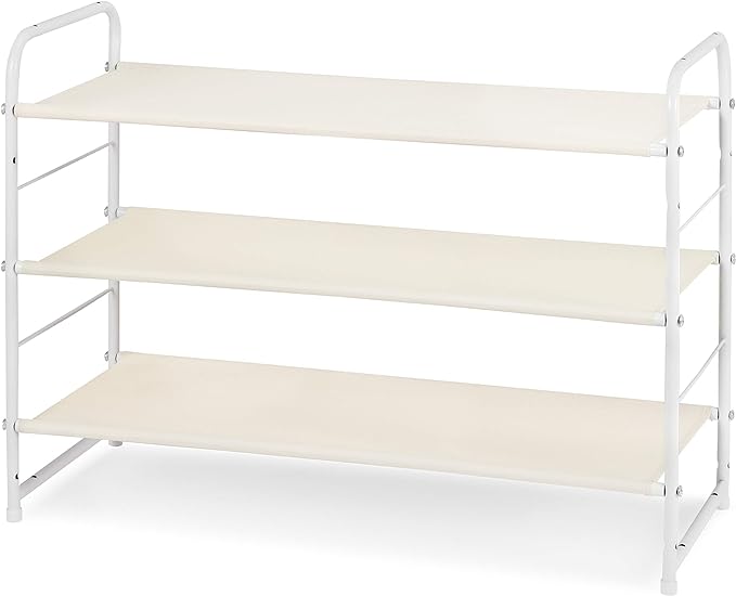 Simple Trending 3-Tier Stackable Shoe Rack, Expandable & Adjustable Fabric Shoe Shelf Storage Organizer, White