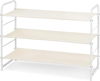 Simple Trending 3-Tier Stackable Shoe Rack, Expandable & Adjustable Fabric Shoe Shelf Storage Organizer, White