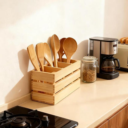 13" Large Wooden Utensil Holder, 3 Compartments Kitchen Countertop Caddy for Cooking Utensils & Silverware, Farmhouse Style Organizer with Handle