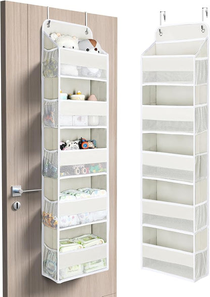 Yecaye 5 Tier Over the Door Organizer, 44lbs Load Toy Stuffed Animal Storage 10 Side Pockets, Bathroom Organizers and Storage for Nursery Newborn Baby Essential Stuff Dorm Room Essentials, Cream White